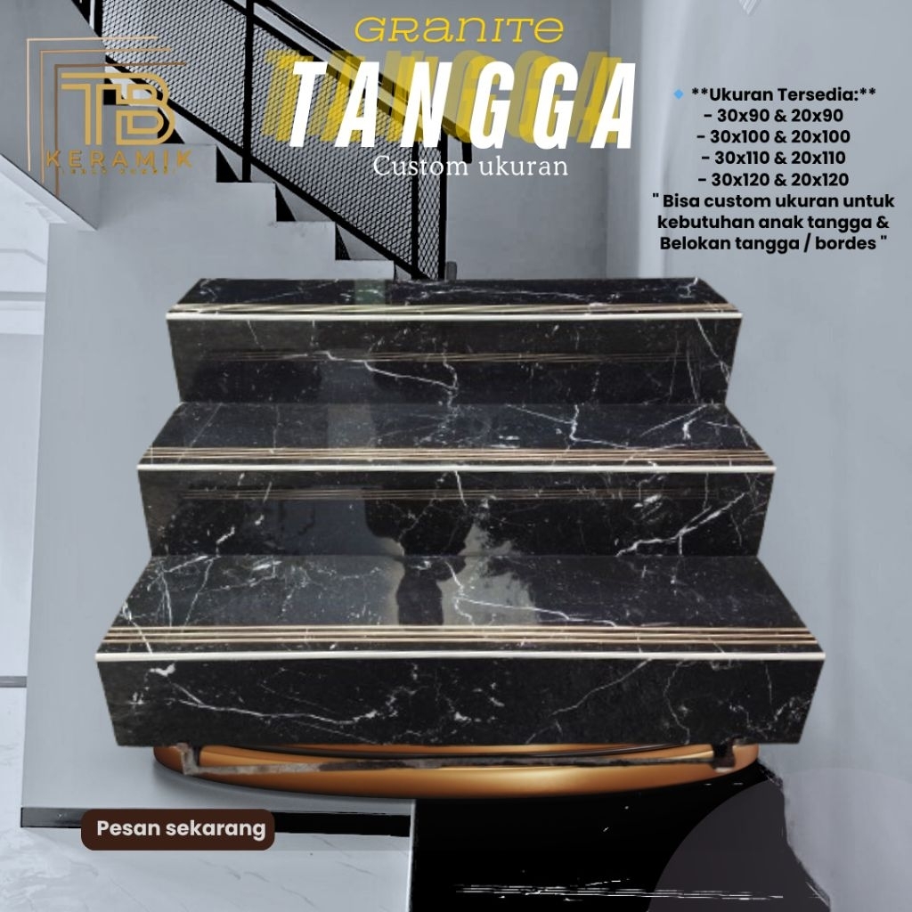 Granit Stepnosing Marquina Black 30x80-120cm | Garis Nosing Gold | Finishing Glossy