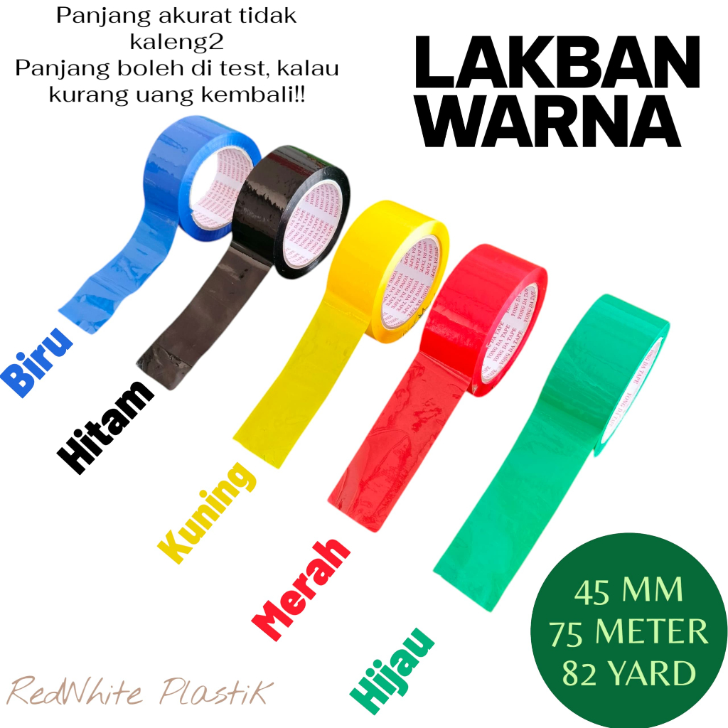

LAKBAN WARNA WARNI ISOLASI WARNA OPP COLOR TAPE 45 MMX82 YARD / 75 Meter | SOLATIP LEM PEREKAT WARNA