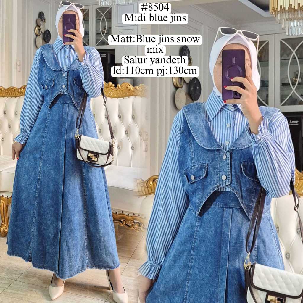 Midi Dress Hijab Denim #8504 – Set Overall Jeans Salur Yandeth Kekinian