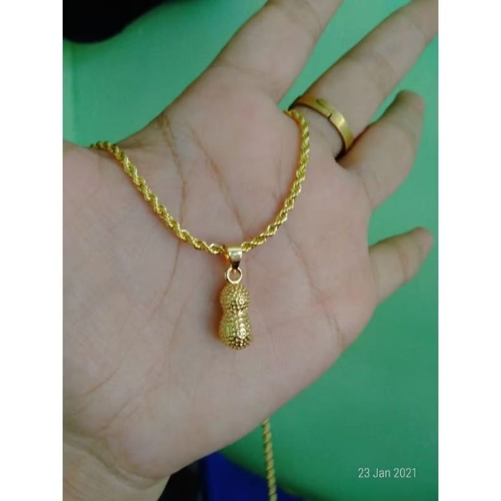 kalung free liontin model kacang asli titanium berlapis emas 24k