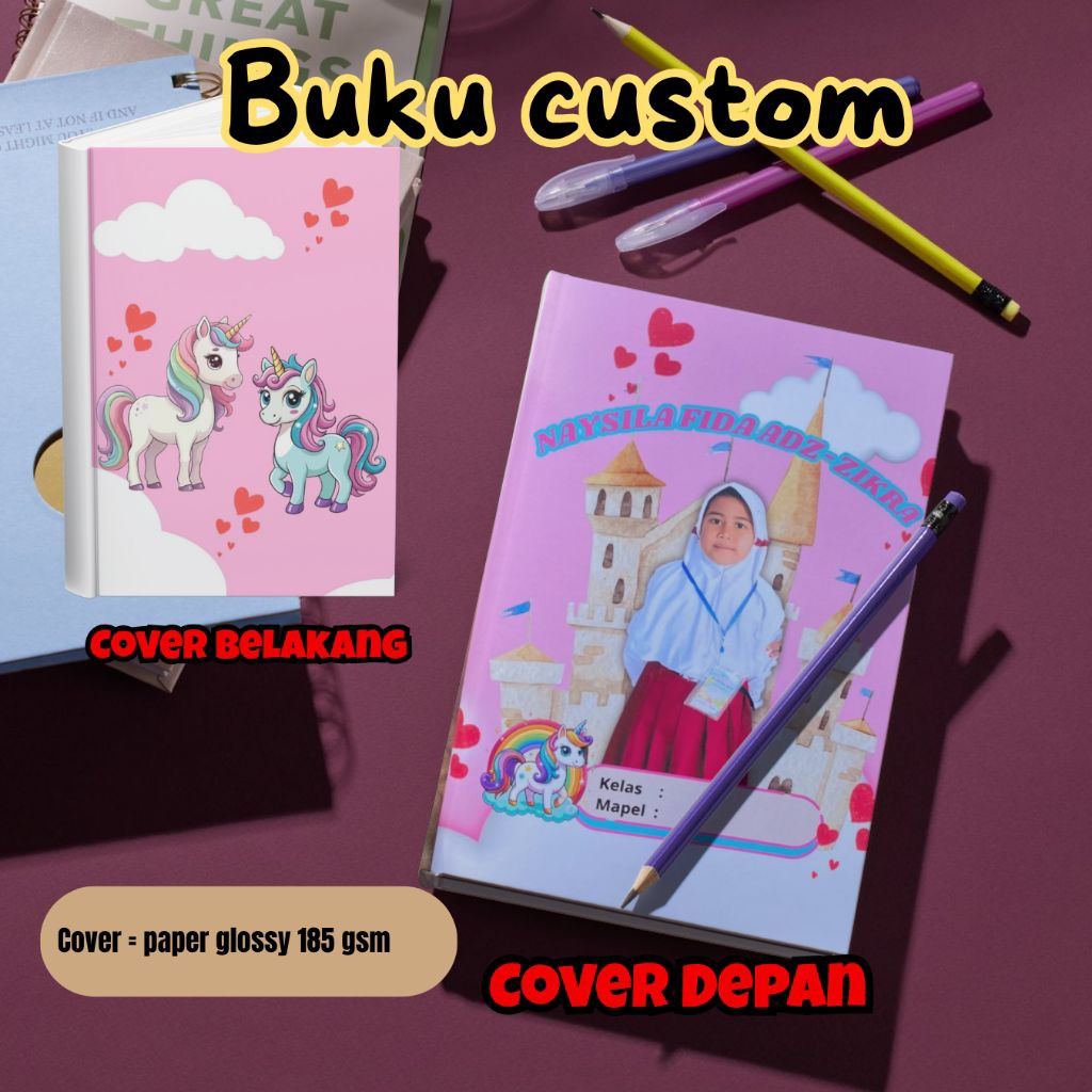 

Buku Tulis Custom Nama (10 pcs) Isi 30 Halaman Cover Paper Glossy 185 Gsm HVS 75 Gsm