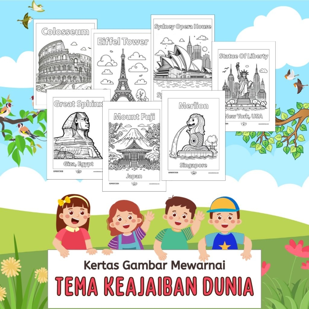 

20 - 33 LEMBAR KERTAS MEWARNAI ANAK & DEWASA TEMA KEAJAIBAN DUNIA SITUS BERSEJARAH L