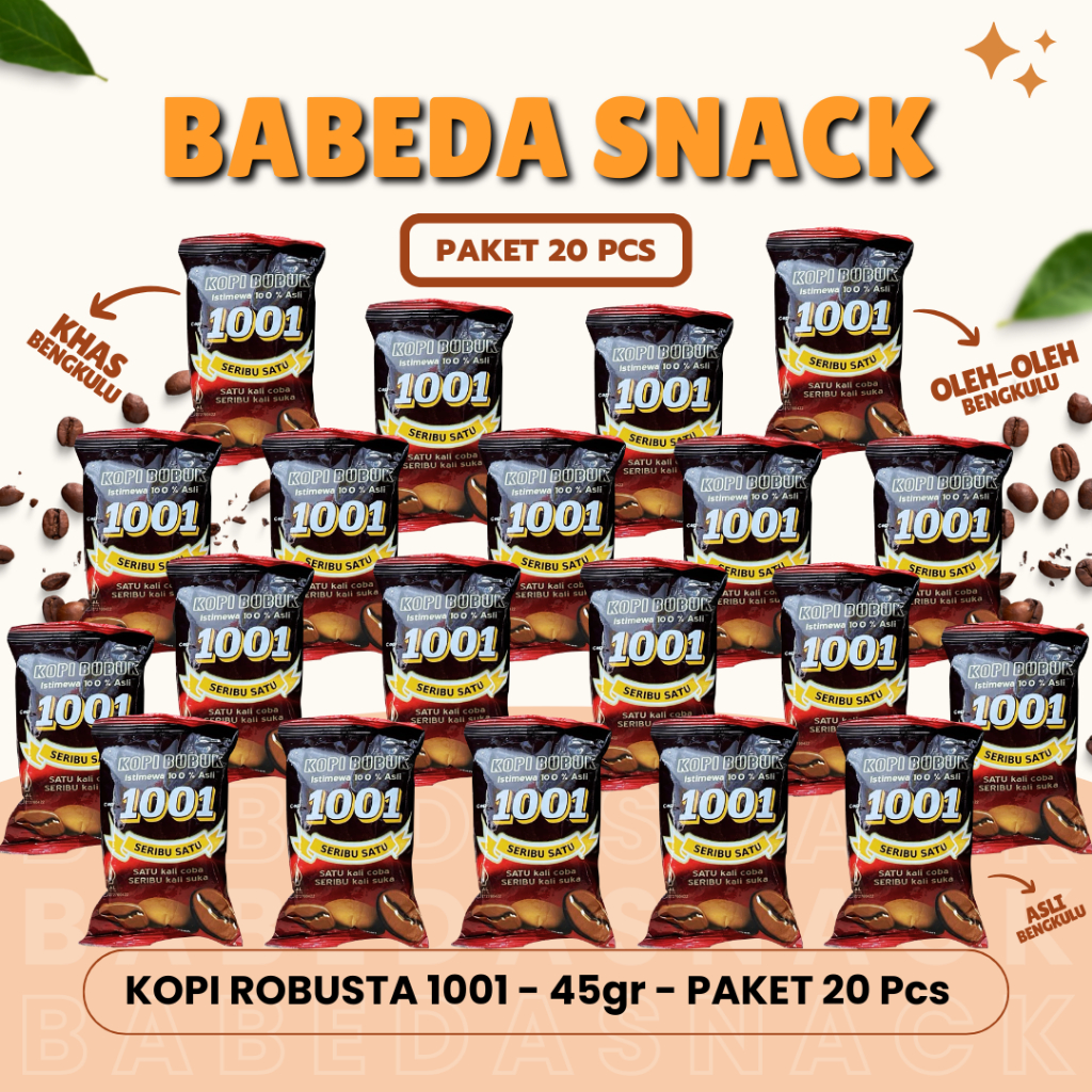 

KOPI ROBUSTA 1001 - 45gr - PAKET 20 Pcs - HITAM BUBUK - OLEH OLEH KHAS BENGKULU - BABEDA SNACK