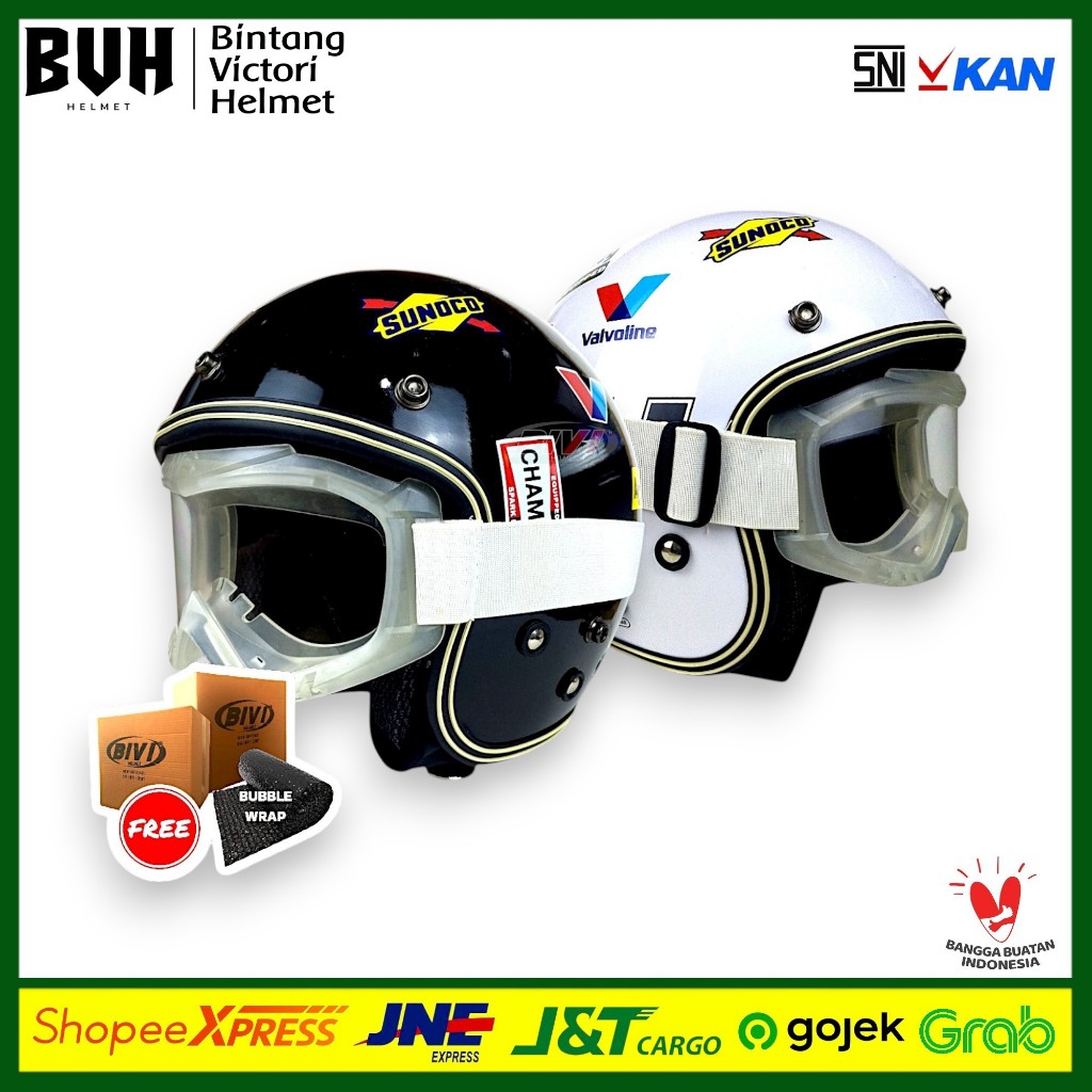 HELM BIVI Bogo Motif Racing + Kacamata SNI Retro Half Face Dewasa Pria Wanita Hijab