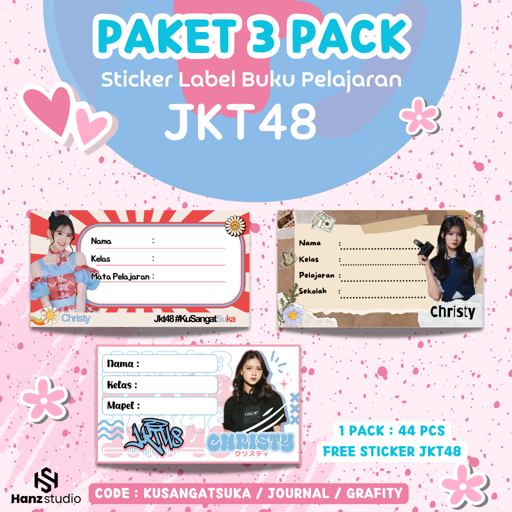 

(Free Sticker ) PAKET 3 PACK Sticker Label Buku Pelajaran JKT48 / Sticker Nama Buku Pelajaran CODE KuSangatSuka-Journal-Grafity JKT48 Termurah