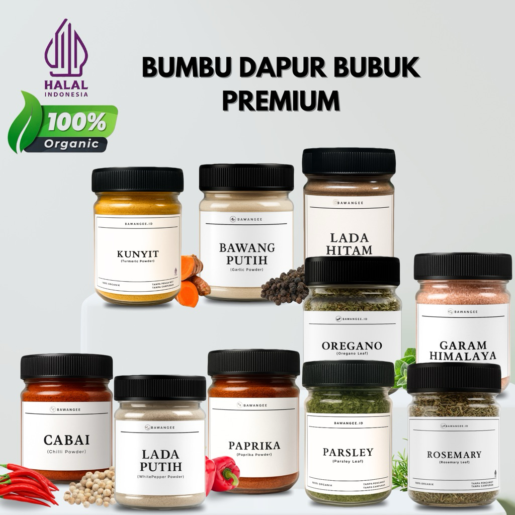 

Bumbu Dapur Lengkap Bawang Putih, Lada Putih, Oregano, Parsley, Lada Hitam, Paprika, Cabai, Dll