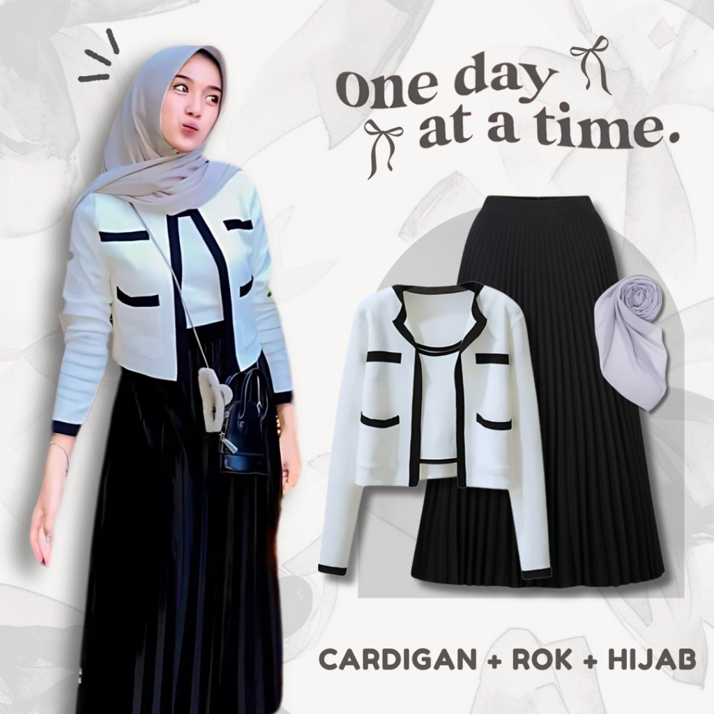 Korean Hijab Outfit One Set | Cardigan Toply Rajut Putih + Rok Plisket Hyget Hitam + Hijab Bella Squ