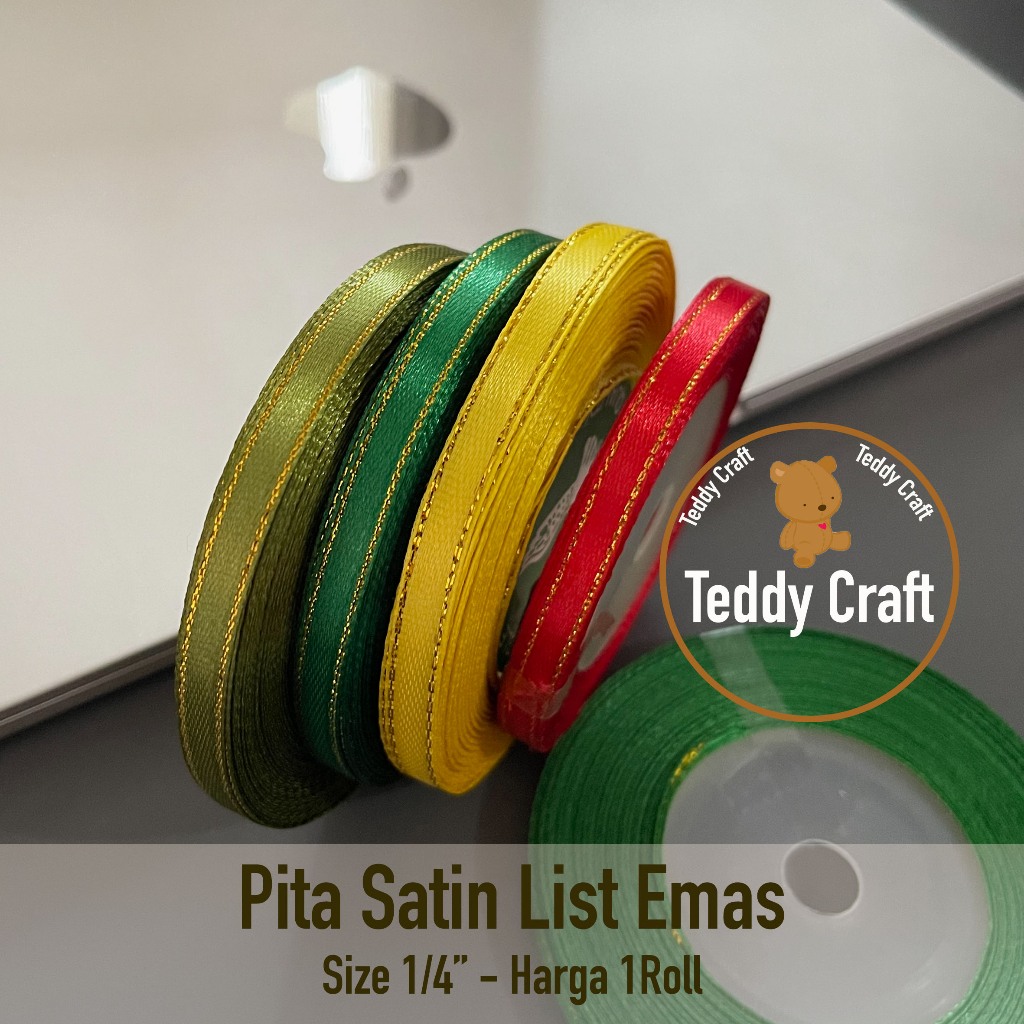 

Pita Satin List Emas 1Roll - Size 1/4" - Pita Kado Craft Dekorasi - Pita Lilit - Pita Ketupat - Teddy Craft