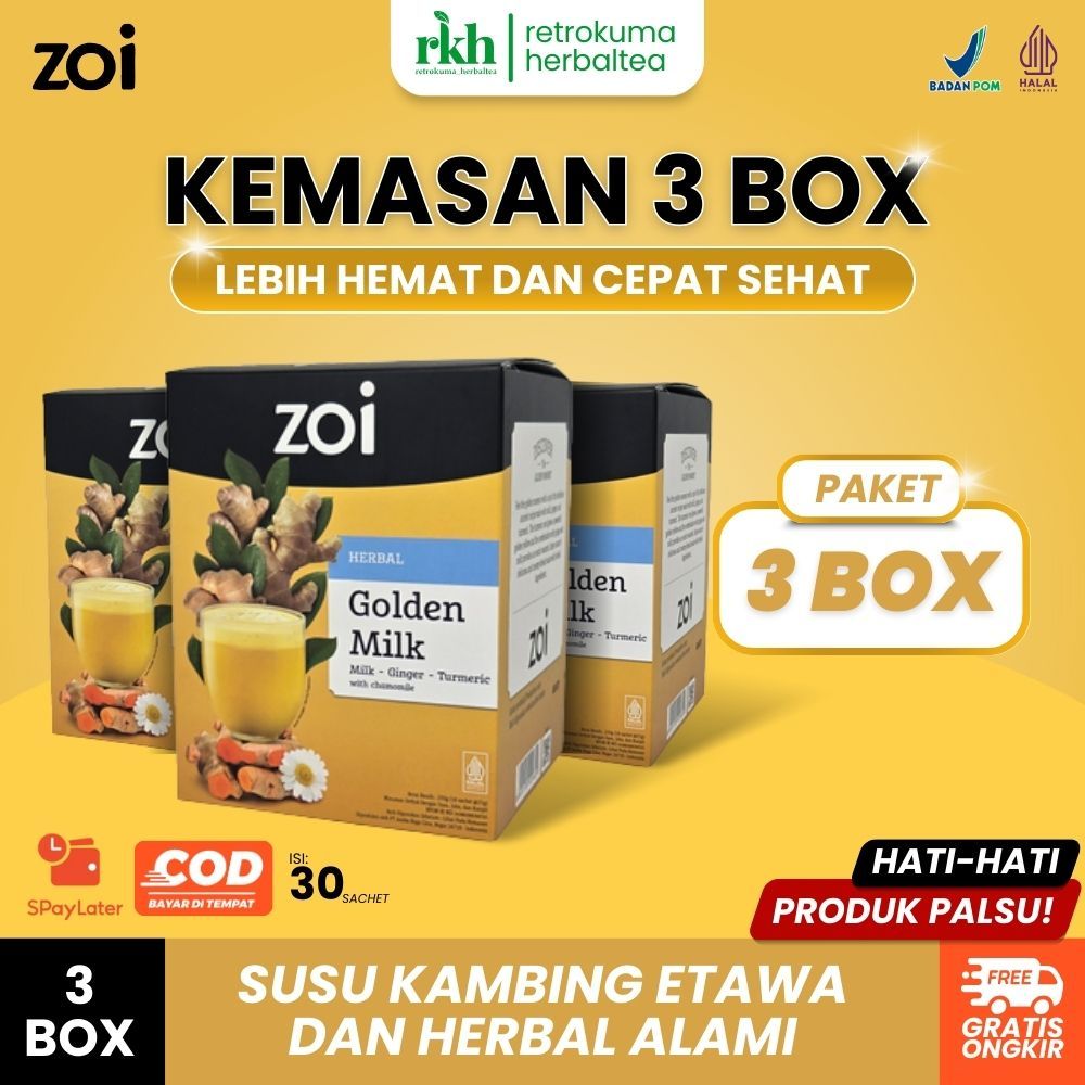 

[ PAKET 3 BOX ] ZOI GOLDEN MILK Susu Kambing Etawa Jahe Kunyit - Paket 3 Box (30 Sachet) Bisa COD