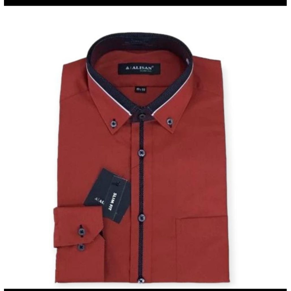 Kemeja Alisan Merah Bata 3 / Terakota / Merah Bata Tua Polos Kombinasi List Slimfit Lengan Panjang