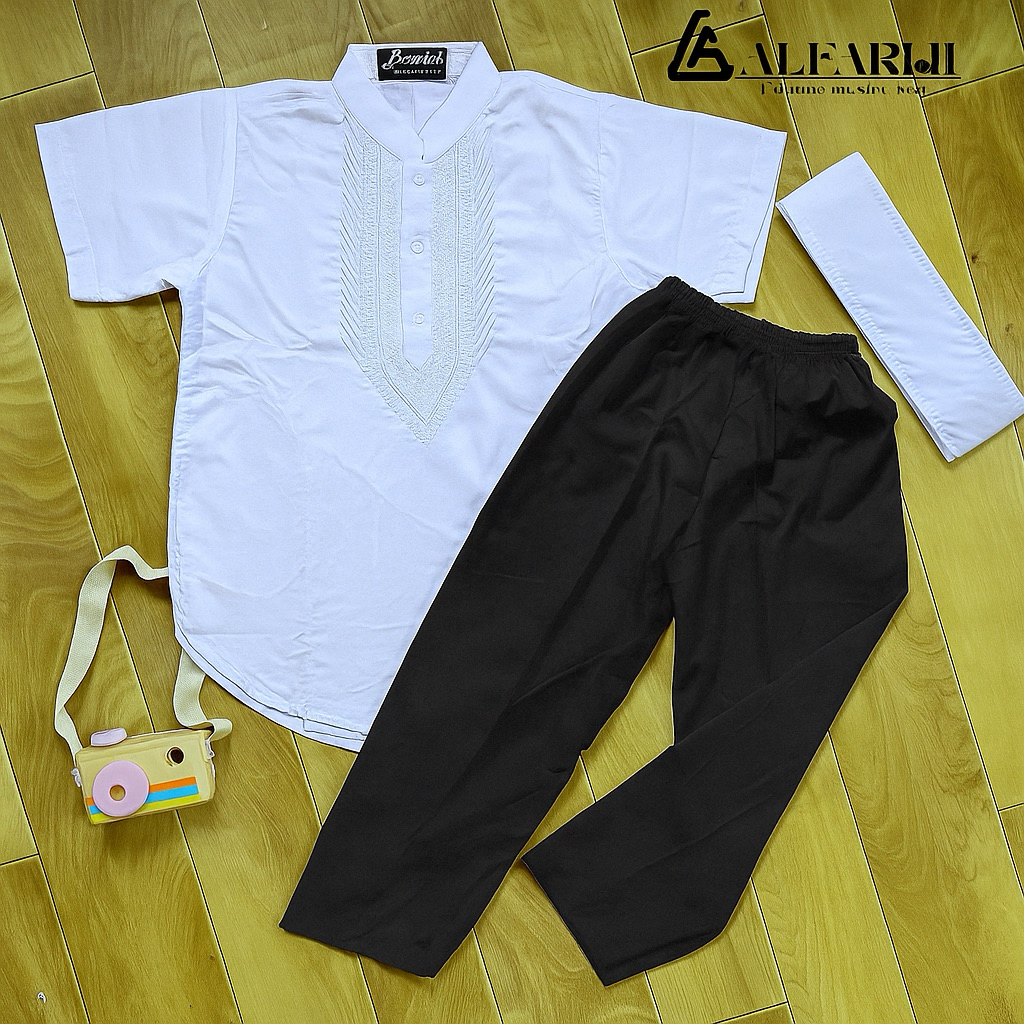 Koko setelan baju Putih Celana hitam lengan pendek/ setelan anak putih/ baju koko setelan anak putih