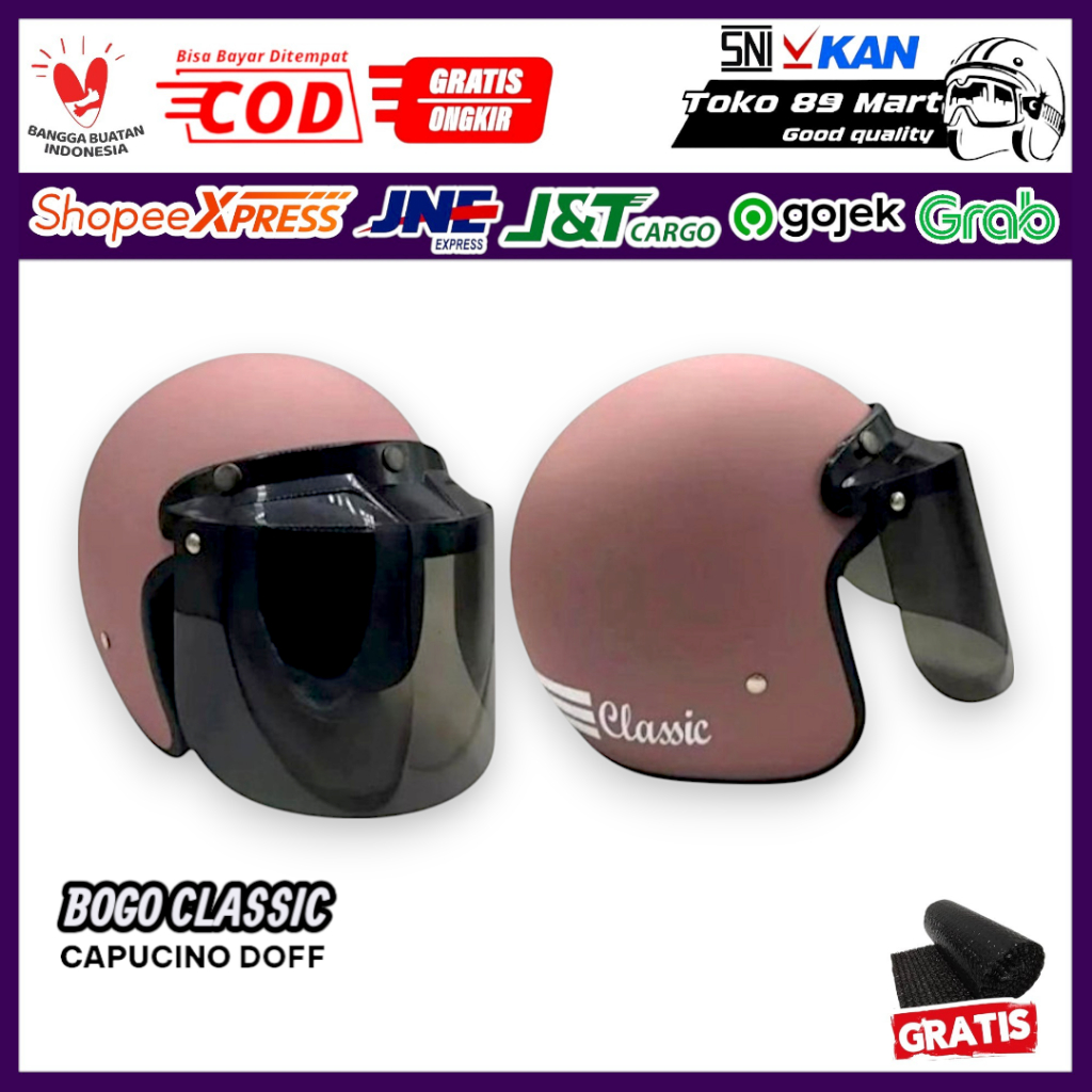 Helm Bogo Classic Capucino Doff + Kaca SNI BIVI Retro Half Face Hijab Bivi Helmet Retro