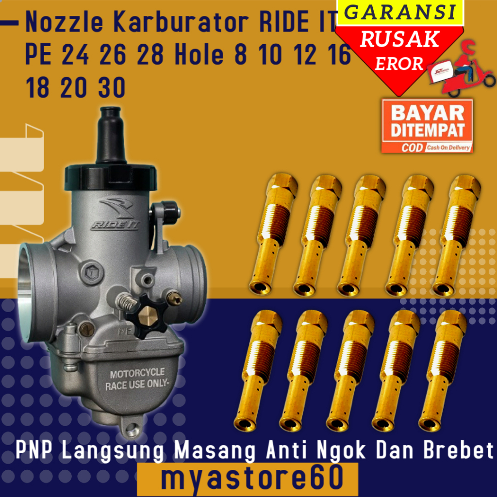 Nozzle Karburator Karbu RIDE IT PE 24 26 28 Nozle Nozel Hole Lubang 8 10 12 16 18 20 30 Bahan Riset