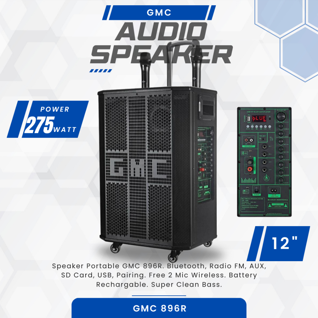 Speaker Portable GMC 896R 12 Inch Woofer Speaker Karaoke / Speaker Karaoke Free 2 Mic Wireless SNI