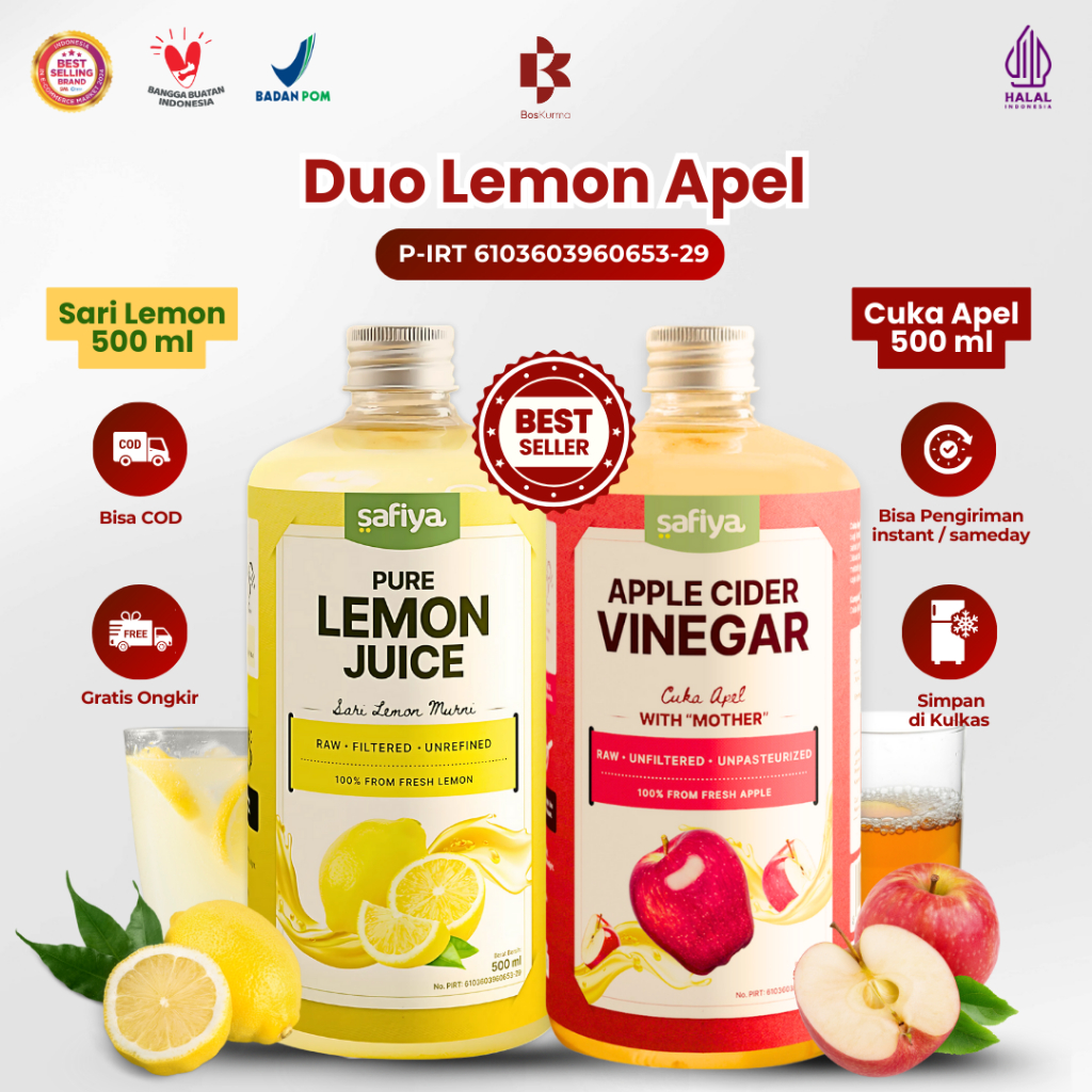 

[DUO LEMON APPLE] Sari Lemon 500 ml + Cuka Apple 500 ml SAFIYA