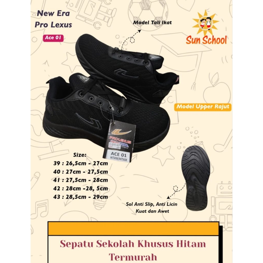 Sepatu Sekolah hitam New Era Ace 01 Tali
