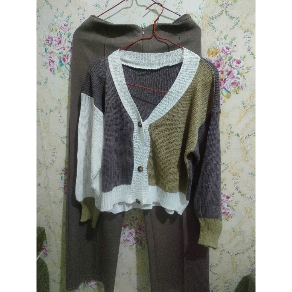 one set cardigan rajut + celana kulot scuba