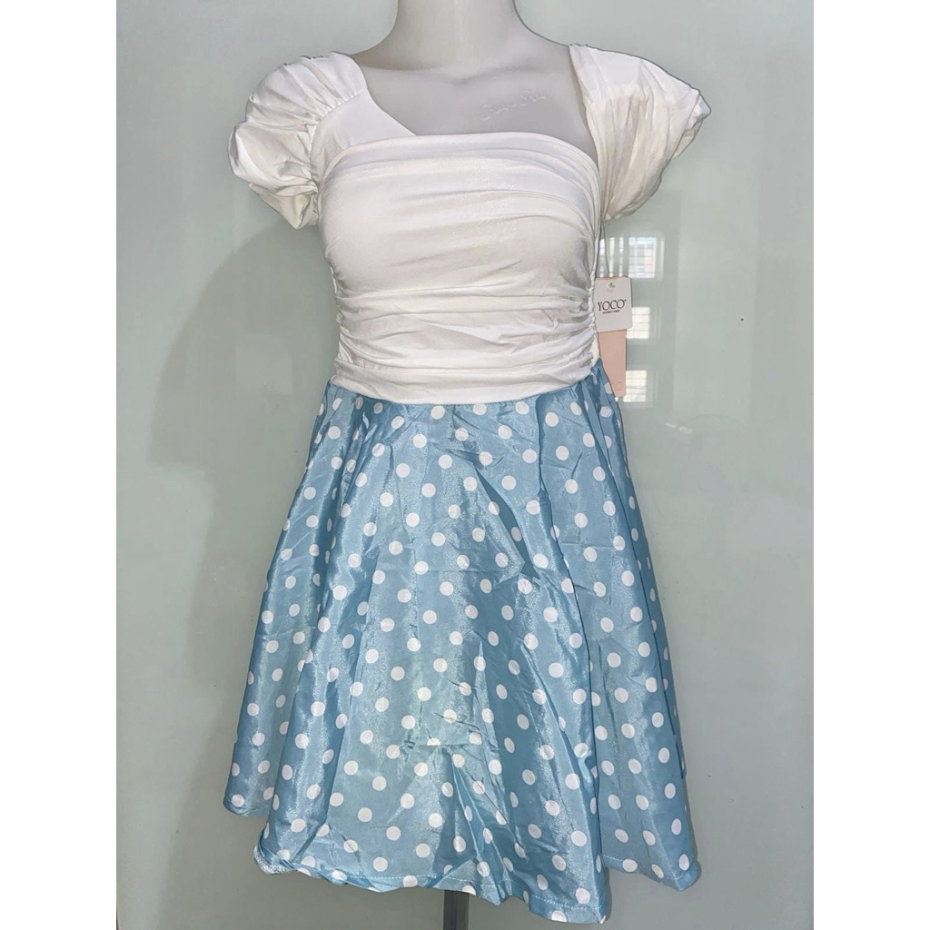 Dress Polkadot Wanita Cute Retro Korea Style • Baju Pesta Cewek Lucu Kombinasi Putih Biru