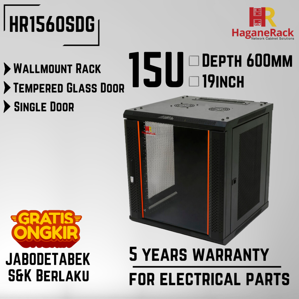 HaganeRack Wallmount Rak Server 15U 600mm - HR1560SDG Rak Server 15U Single Door