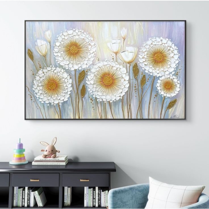 Lukisan Dandelion Putih Modern – Lukisan Dinding Horizontal untuk Ruang Anak, Ruang Tamu, atau Kamar