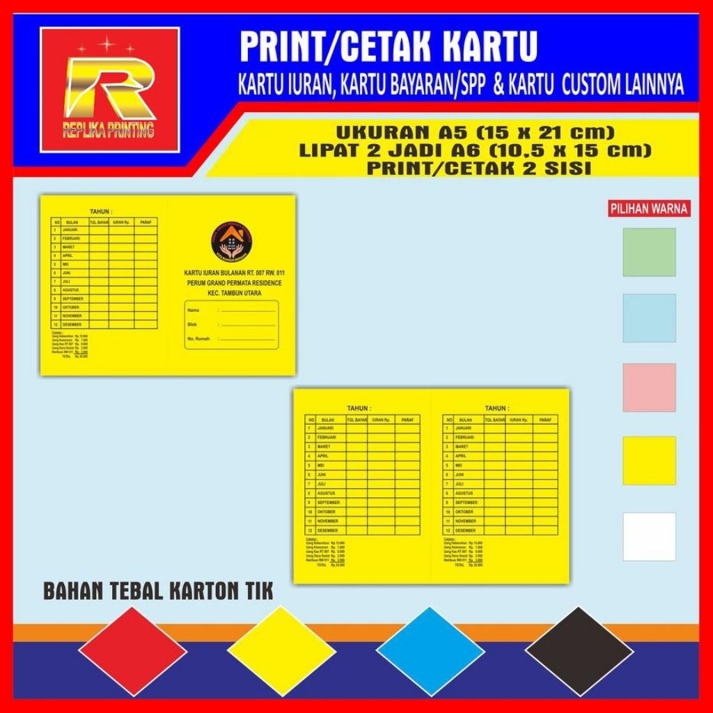 

PRINT/CETAK KARTU IURAN SPP BAYARAN DLL UK A5 LIPAT 2