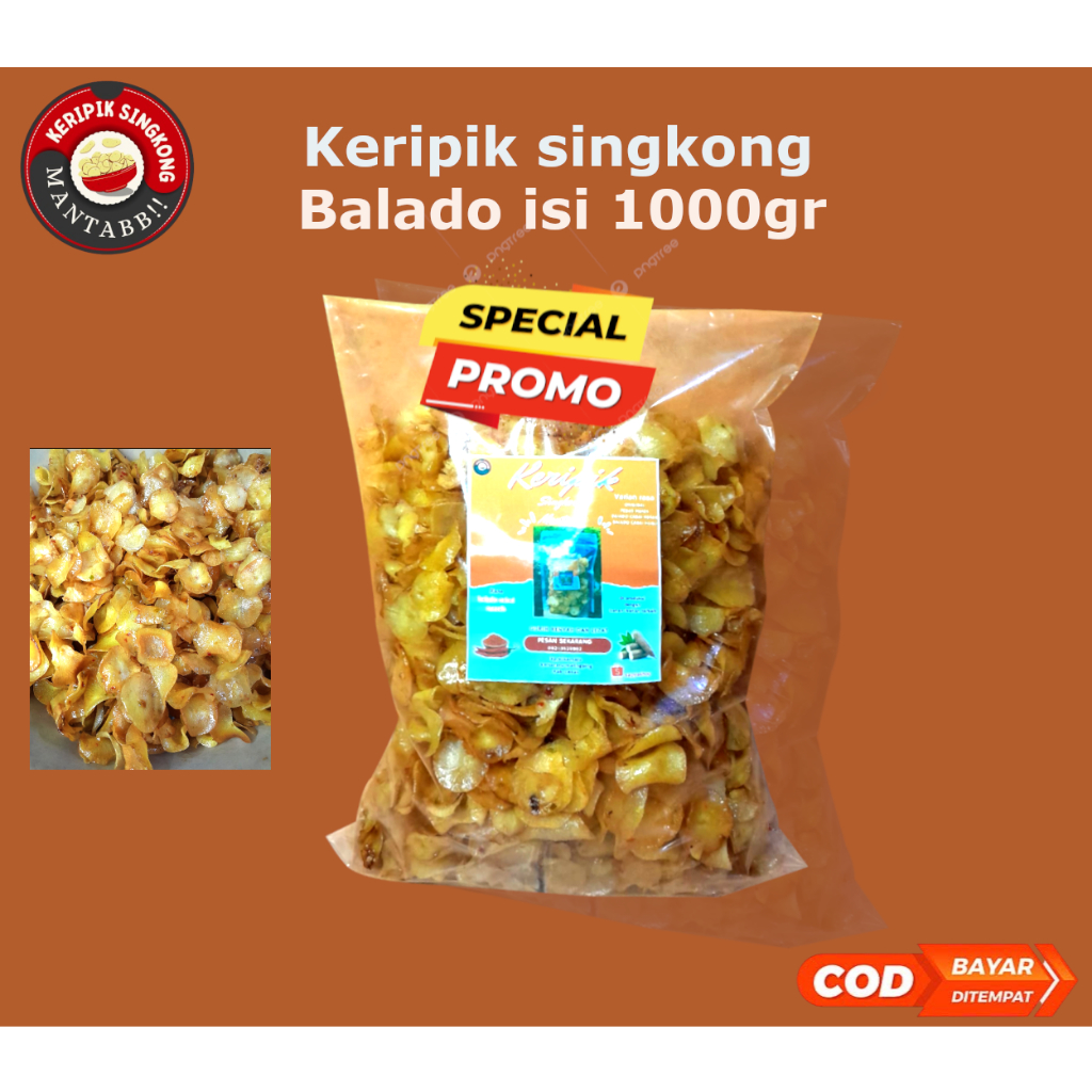 

Keripik singkong balado renyah dan gurih cocok buat cemilan nyantai Kemasan 1000gr bisa bayar di tempat COD
