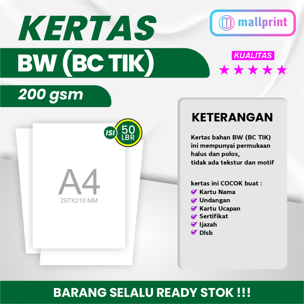

Kertas BW 200 gsm uk. A4 cocok unt. Sertifikat Gift Card dll (1 pak isi 50 lembar)