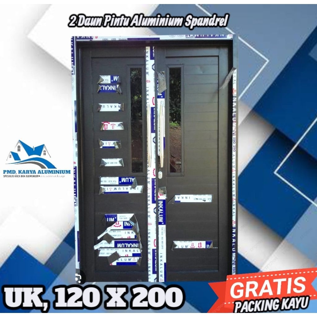 1 Set PINTU ALUMINIUM 2 DAUN, spandrel UK, 120 x 200 Gratis Packing Kayu