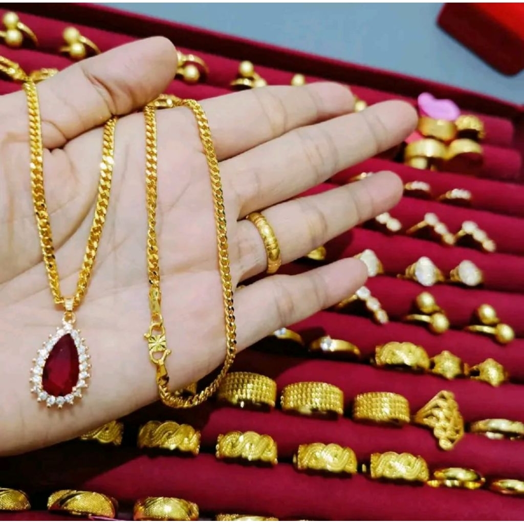 kalung rantai liontin tetes permata merah bahan titanium asli