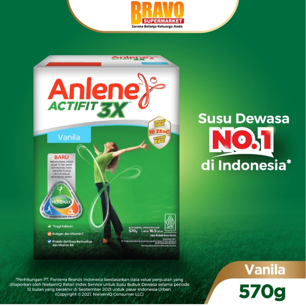 

Bravo Bojonegoro - Anlene Actifit 3X Susu Bubuk Dewasa Rasa Original , Vanilla & Cokelat 570GR - Nutrisi Tinggi Kalsium Untuk Tulang, Sendi, dan Otot