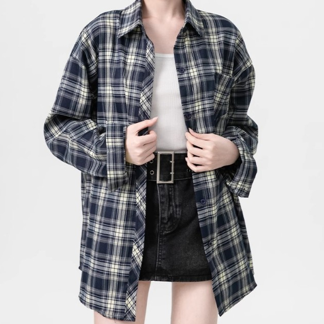 Baju atasan wanita terbaru kemeja longgar lengan panjang kotak-kotak musim panas kasual Korea untuk 