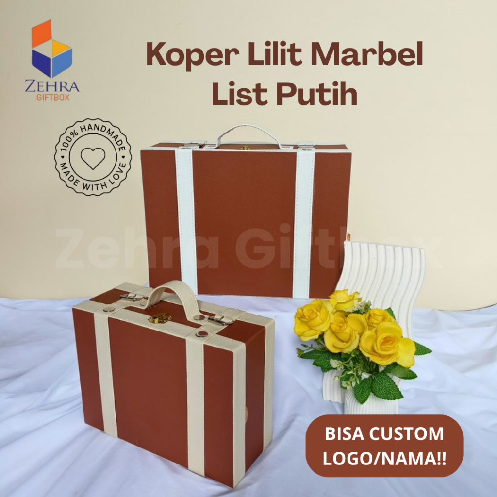 

Box Hampers/Hadiah Kulit Sintetis Uk. 33 X 24 X 13 | Kotak Bingkisan Model Koper Cokelat List Putih