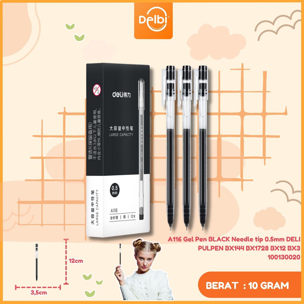 

1pcs Deli Gel Pen Pulpen Gel kantor kuliah sekolah Warna Hitam 0.5mm terang penulisan tulisan halus kapasitas tinta besar LARGE INK CAPACITY, nyaman di genggam anti bocor tidak macet dan tidak luntur A116 A116 Gel Pen BLACK Needle tip 0.5mm
