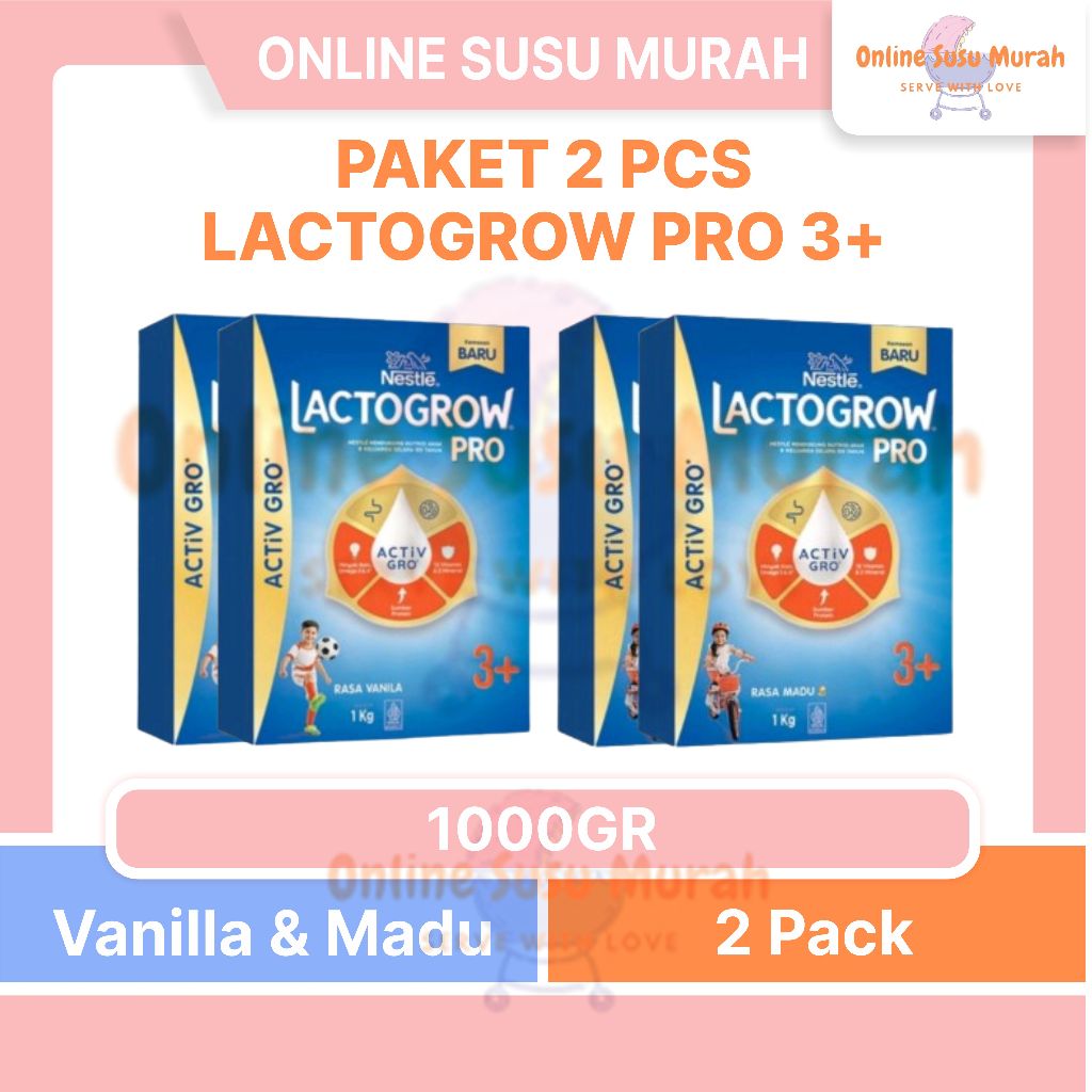 LACTOGROW PRO 3+ PAKET 2 KOTAK VANILA MADU 1000GR TAHAP 3 USIA 3 TAHUN LACTO GROW GRO 1000 GR SSKD