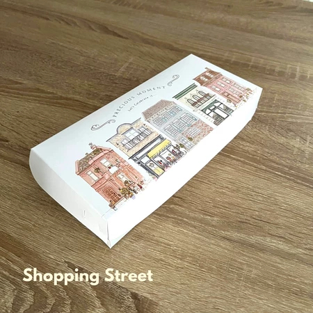 

dus putih ivory packaging kemasan kue bronies bolu donat motif shopping street gift box snack ukuran 23.5x10.5x5 cm