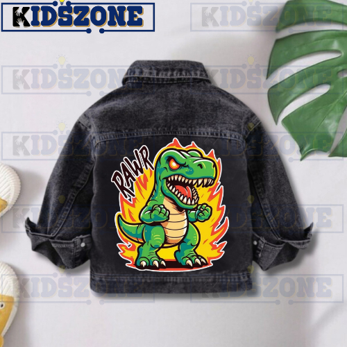 JAKET JEANS ANAK KARAKTER DINOSAURUS SNOW BLUE & BLACK 1-7 TAHUN
