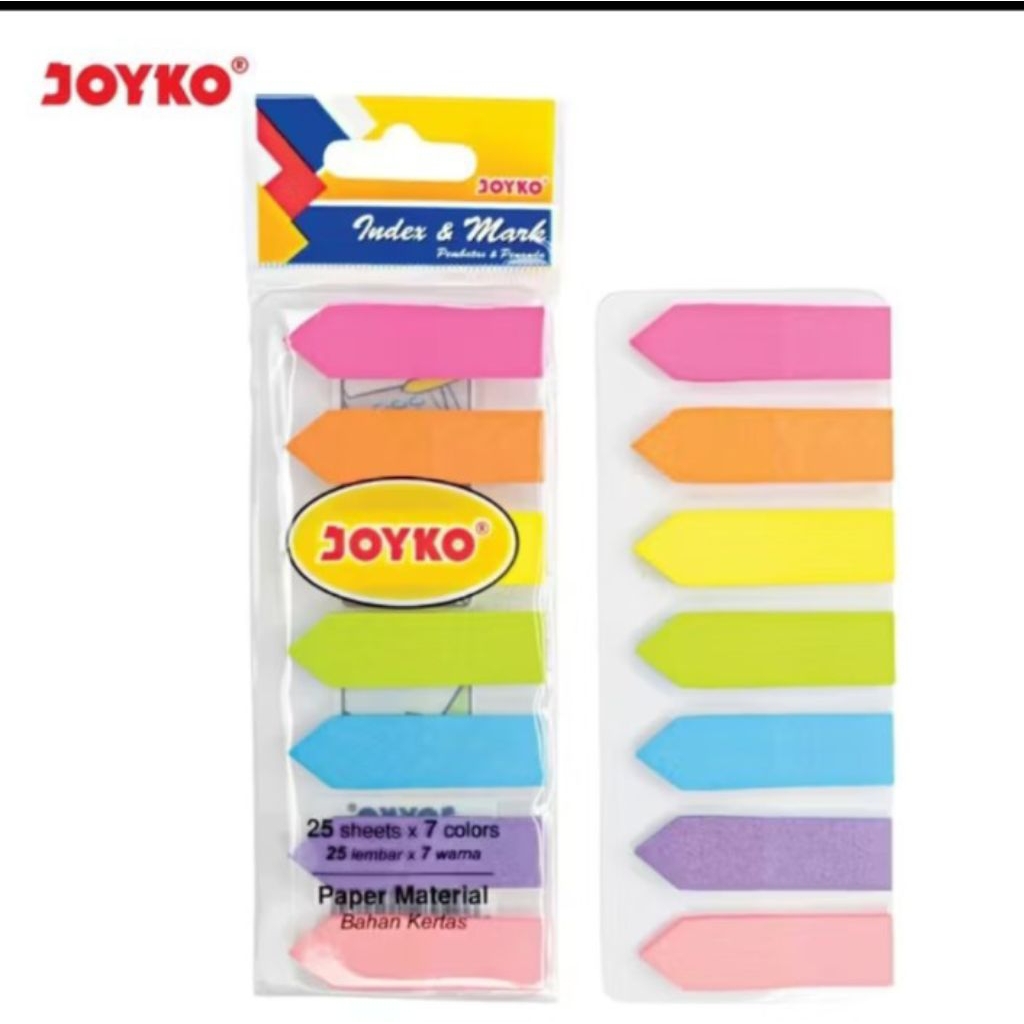 

1 bungkus Penanda kertas warna warni : - bentuk panah - 25 lembar x 7 warna - harga 1 pak kecil