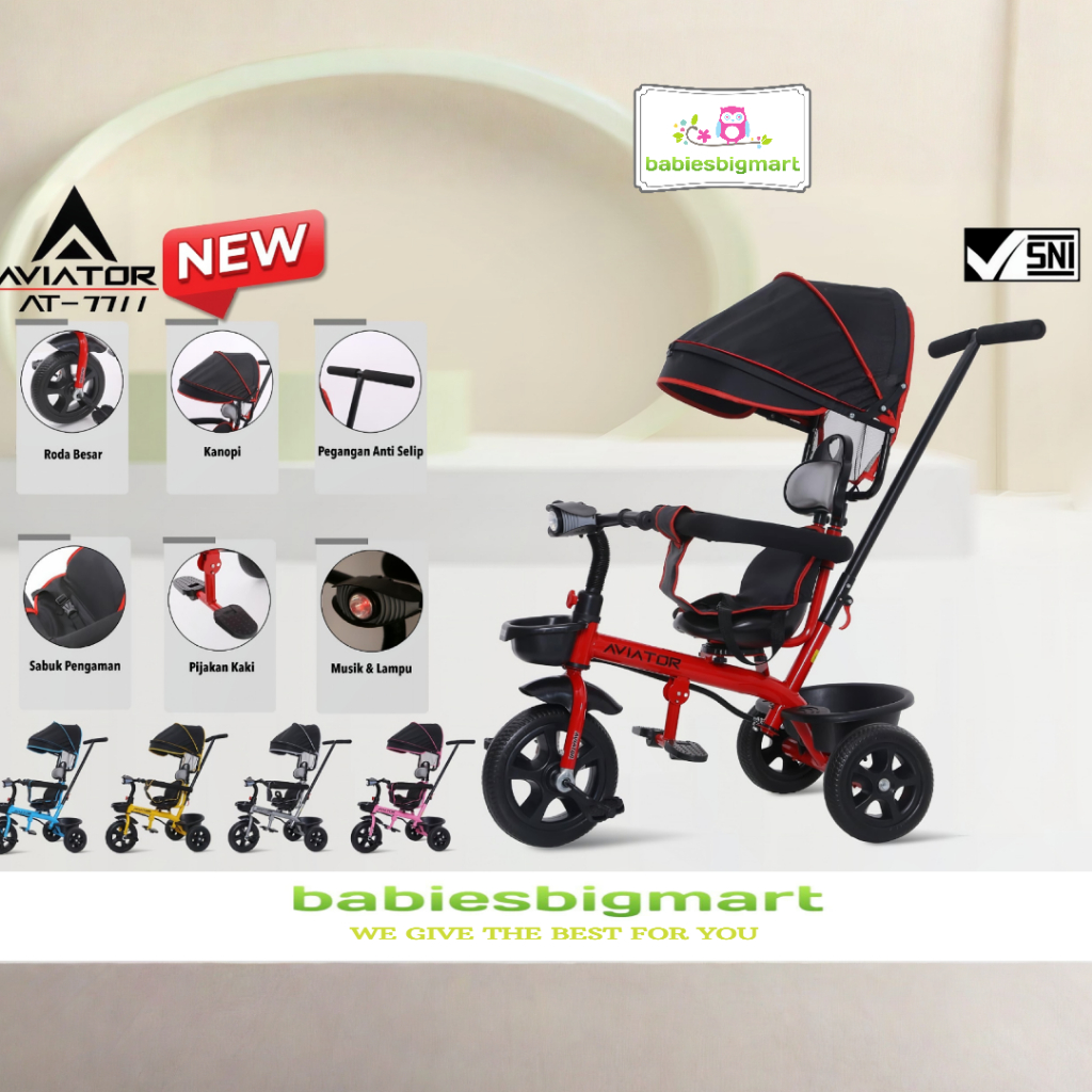 Sepeda Anak Roda 3 Tiga AVIATOR Tricycle AT 7711 Lampu Musik Kursi putar
