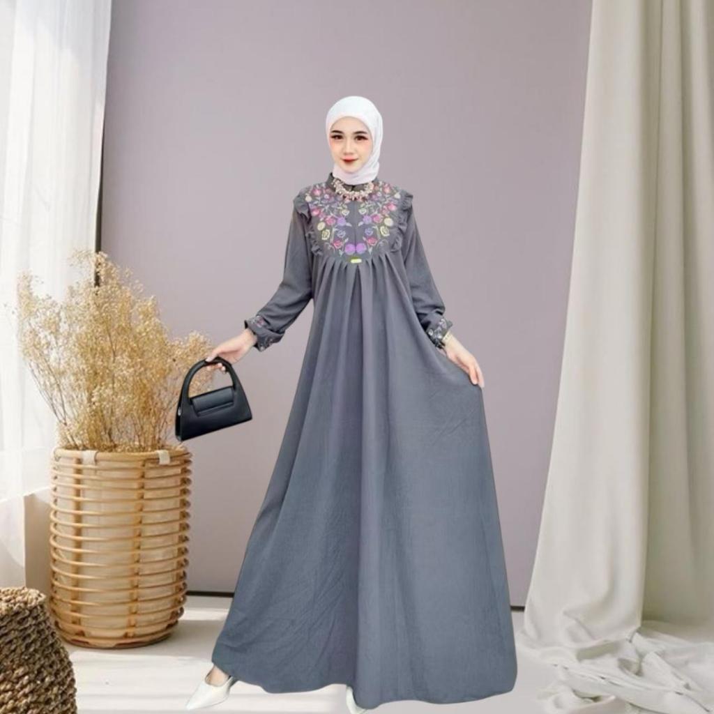 Gamis Busui Airflow Premium Terbaru Motif Bunga Bordir Dres Muslim Wanita Kekinian Model Elegan