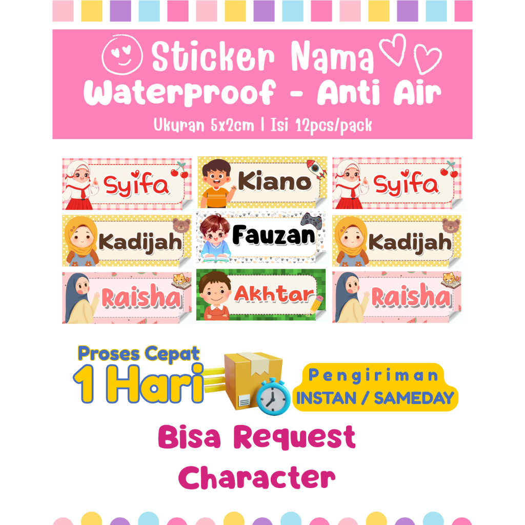 

Isi 12pcs Sticker Nama Waterproof Custom Anti Air