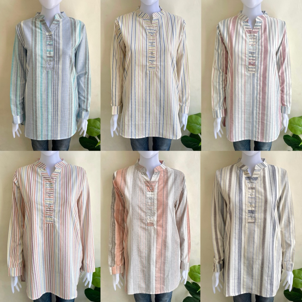Tunik ELCAEL Bahan Katun Triset Tunik Salur Tunik Kancing Tunik Kerja Tunik Rayon Busui