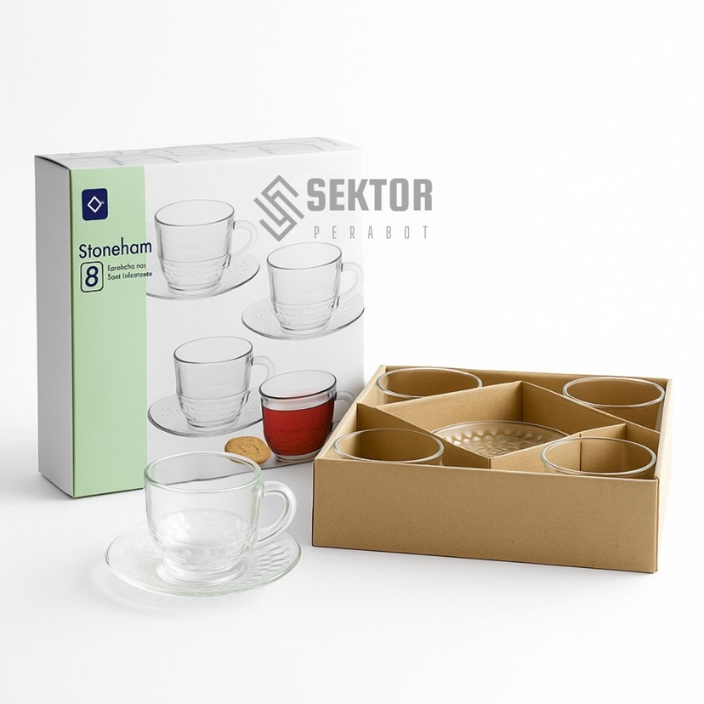 KimGlass Gelas Kaca Set isi 8 PCS  - Gelas kaca Mini 165 ML - Cangkir Kopi dan Wadah 1 Set - Cangkir