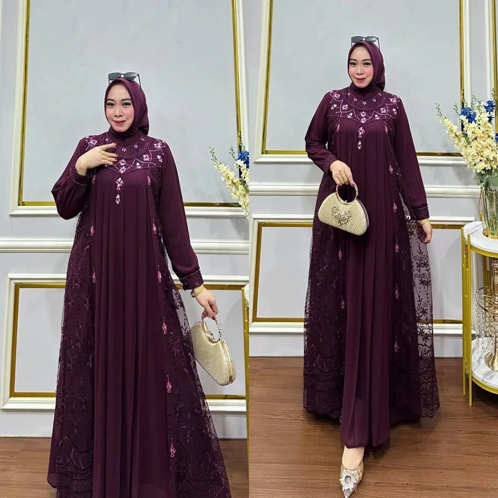 Gamis Brokat Payet Mutiara Mewah Gamis Wanita Ceruty Babydoll Lebaran Model Terbaru Baju Kondangan