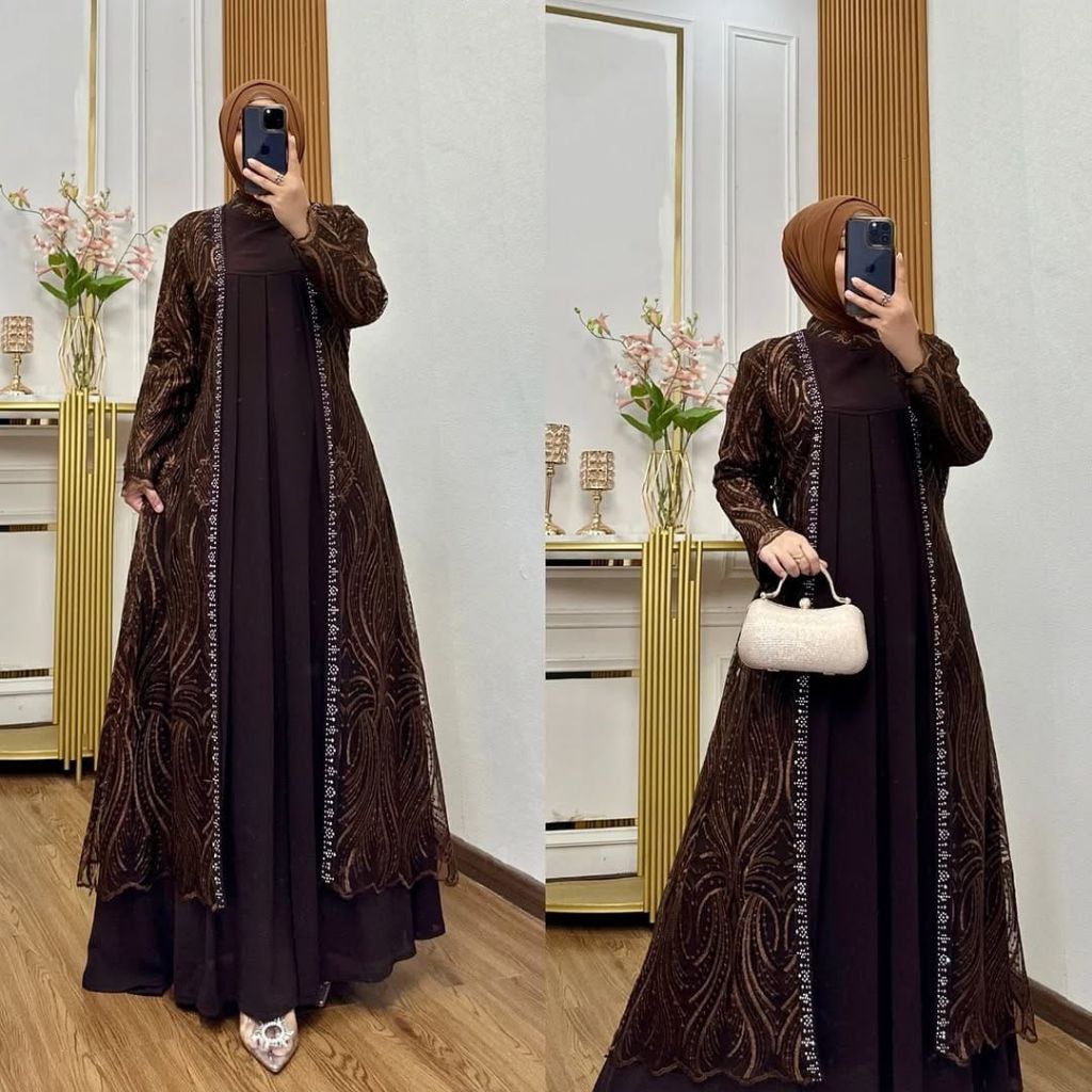 Gamis Brokat Maroon Kombinasi Inner Polos Elegan Dress Kondangan Muslimah Terbaru