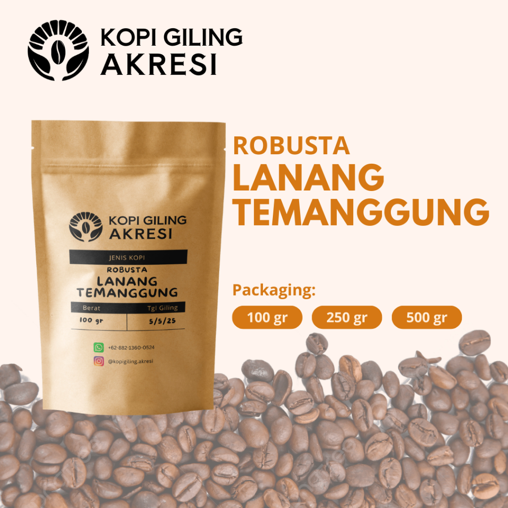 

Robusta Lanang Temanggung - Biji Kopi Bubuk Giling Murni 100gr/250gr/500gr | Kopi Giling Akresi