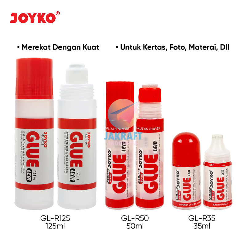 

(1 Pcs) Lem Cair JOYKO 35ml Kecil GL-R35 / 50ml Sedang GL-R50 / 125ml Besar GL-R125 Paper Glue Kertas Kain Busa Prakarya Serbaguna Bening Transparan