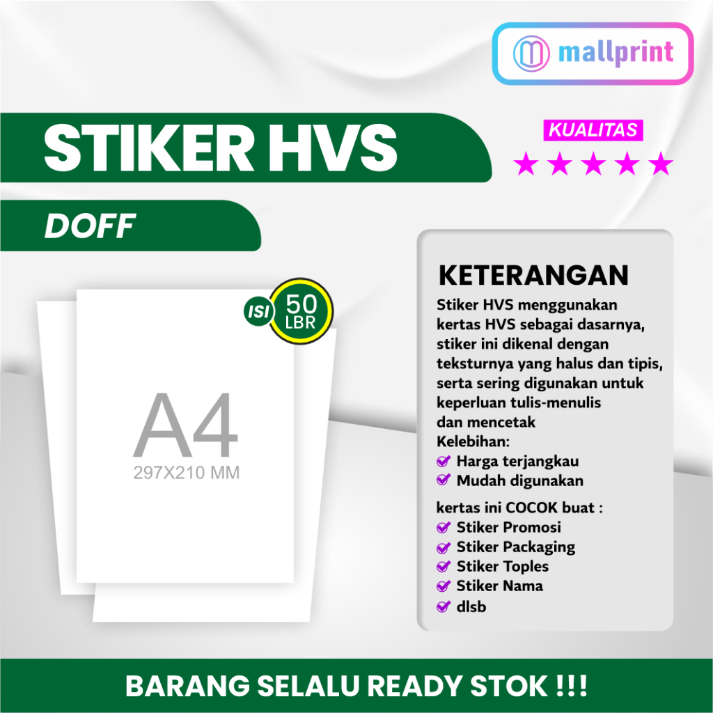 

Stiker HVS uk. A4 cocok box nasi, label pengiriman, dll (1 pak isi 50 lembar)