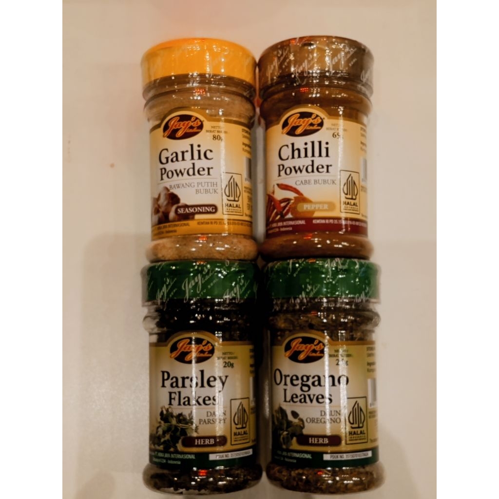 

JAYS BUMBU DAPUR OREGANO LEAVES 25 GR/GARLIC POWDER 80 GR/PARSLEY FLAKES 20 GR/CHILI POWDER 65 GR EXP TERUPDATE