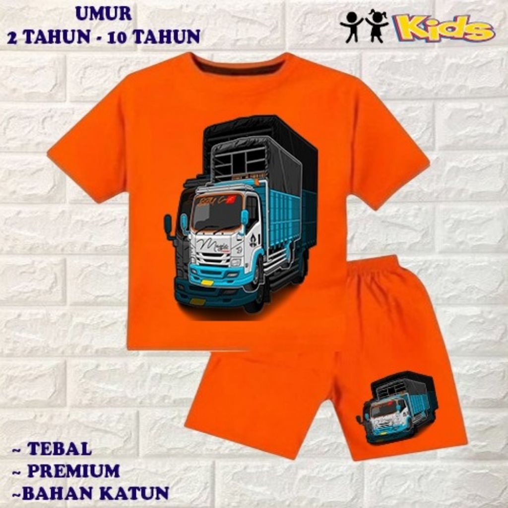 setelan baju anak laki-laki baju kaos anak laki-laki motif truk oleng mobil truk umur 6 bln-10tahun 