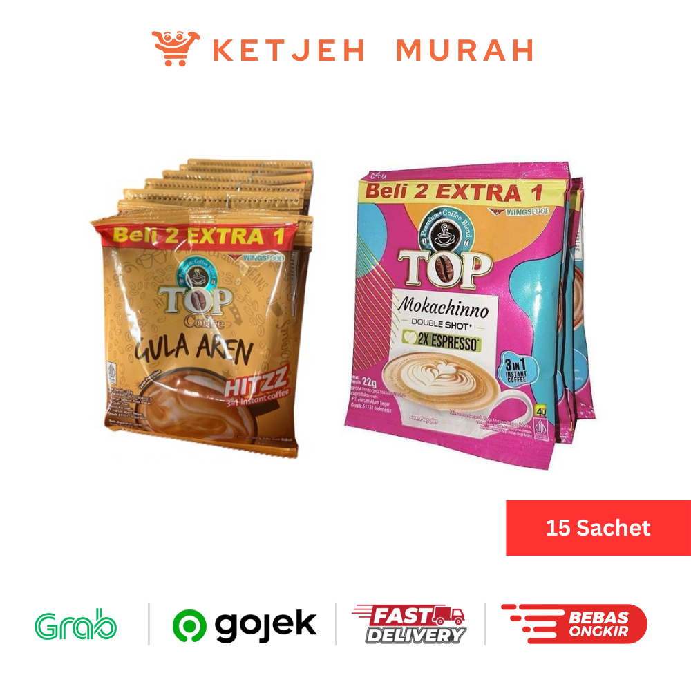 

TOP Coffee Kopi Rasa Gula Aren / Mokachinno 1 Renteng isi 15 Sachet x 22 Gram